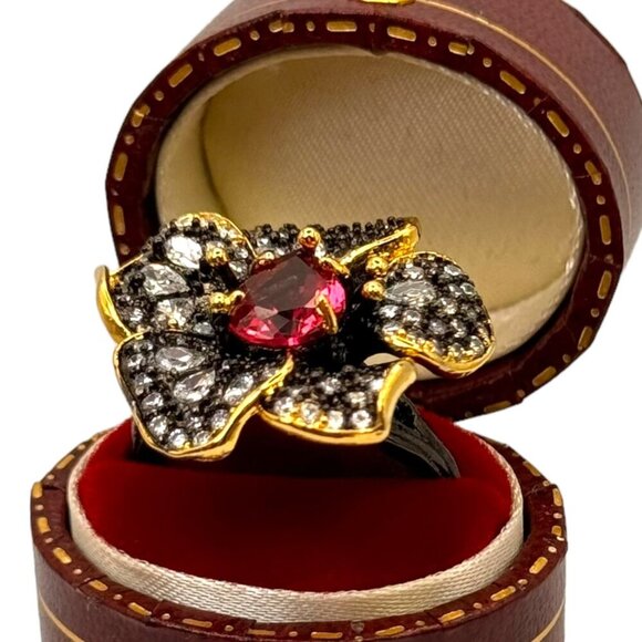 NEW Flower Cocktail Ring Sz.8 14K Black Gold Over S925 Silver Orchid Glam Fairy - Picture 1 of 13